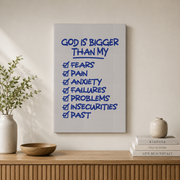 God Is Bigger Christian Wall Art Blue Minimalist Bible Verse Poster Retro Scripture Wall Art Inspiring Affirmation Poster Print Home Decor Wall Art, Modern Wall Decor, 12x18 UNFRAMED - Format: Stretched Canvas