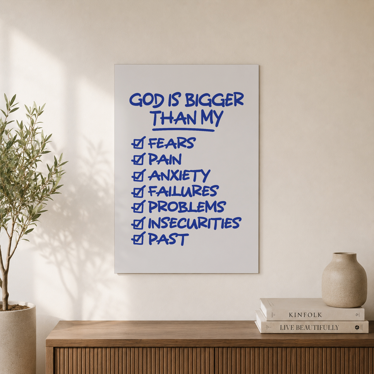 God Is Bigger Christian Wall Art Blue Minimalist Bible Verse Poster Retro Scripture Wall Art Inspiring Affirmation Poster Print Home Decor Wall Art, Modern Wall Decor, 12x18 UNFRAMED - Format: Unframed Paper Poster