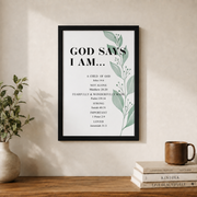 God Says I Am Christian Wall Art, Biblical Affirmation Scripture Poster - Format: Black Framed Poster