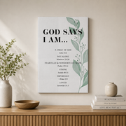God Says I Am Christian Wall Art, Biblical Affirmation Scripture Poster - Format: Stretched Canvas