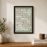 God Says I Am Christian Wall Art, Sage Pink Girly Affirmation Poster - Format: Black Framed Poster