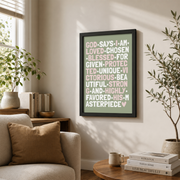 God Says I Am Christian Wall Art, Sage Pink Girly Affirmation Poster - Format: Black Framed Poster