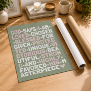 God Says I Am Christian Wall Art, Sage Pink Girly Affirmation Poster - Format: Rolled Canvas