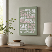 God Says I Am Christian Wall Art, Sage Pink Girly Affirmation Poster - Format: Stretched Canvas