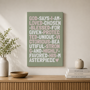 God Says I Am Christian Wall Art, Sage Pink Girly Affirmation Poster - Format: Stretched Canvas