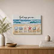 God Says You Are Christian Wall Art, Coastal Seashell Scripture Poster - Format: Stretched Canvas