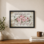 God Says You Are Christian Wall Art, Hummingbird Pink Floral Poster - Format: Black Framed Poster