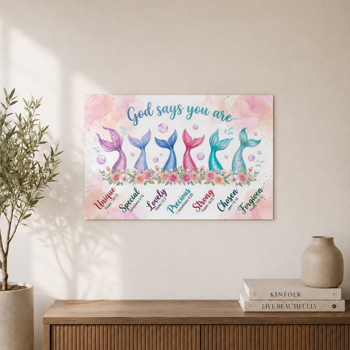 God Says You Are Christian Wall Art, Mermaid Inspirational Girls Room Poster - Format: Unframed Paper Poster