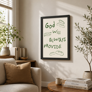 God Will Always Provide Christian Kitchen Wall Art, Bible Verse Poster - Format: Black Framed Poster