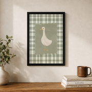 Goose Wall Art Sage Green Gingham Striped Poster Animal Nursery Decor - Format: Black Framed Poster