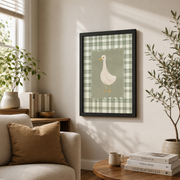 Goose Wall Art Sage Green Gingham Striped Poster Animal Nursery Decor Modern Room Accent UNFRAMED - Format: Black Framed Poster
