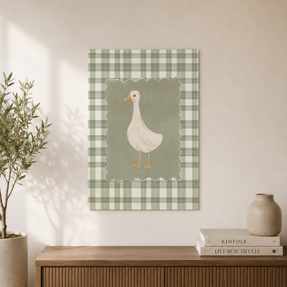 Goose Wall Art Sage Green Gingham Striped Poster Animal Nursery Decor - Format: Unframed Paper Poster