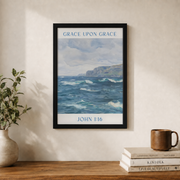 Grace Upon Grace Christian Wall Art Granddaughter Bible Verse Blue Coastal Poster Dorm Room Decor - Format: Black Framed Poster