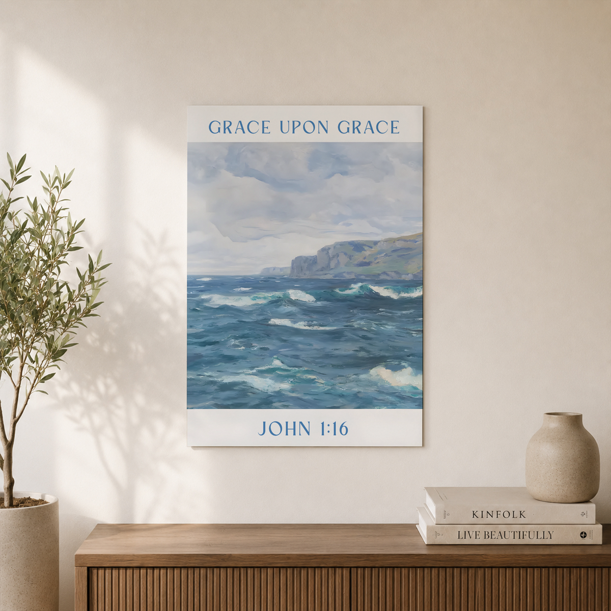 Grace Upon Grace Christian Wall Art Granddaughter Bible Verse Blue Coastal Poster Dorm Room Decor - Format: Unframed Paper Poster