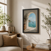 Greek Islands Sailboat Coastal Archway Wall Art Mediterranean Poster Seaside Travel Decor Unframed - Format: Black Framed Poster