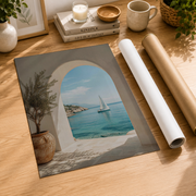 Greek Islands Sailboat Coastal Archway Wall Art Mediterranean Poster Seaside Travel Decor Unframed - Format: Rolled Canvas