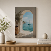 Greek Islands Sailboat Coastal Archway Wall Art Mediterranean Poster Seaside Travel Decor Unframed - Format: Stretched Canvas