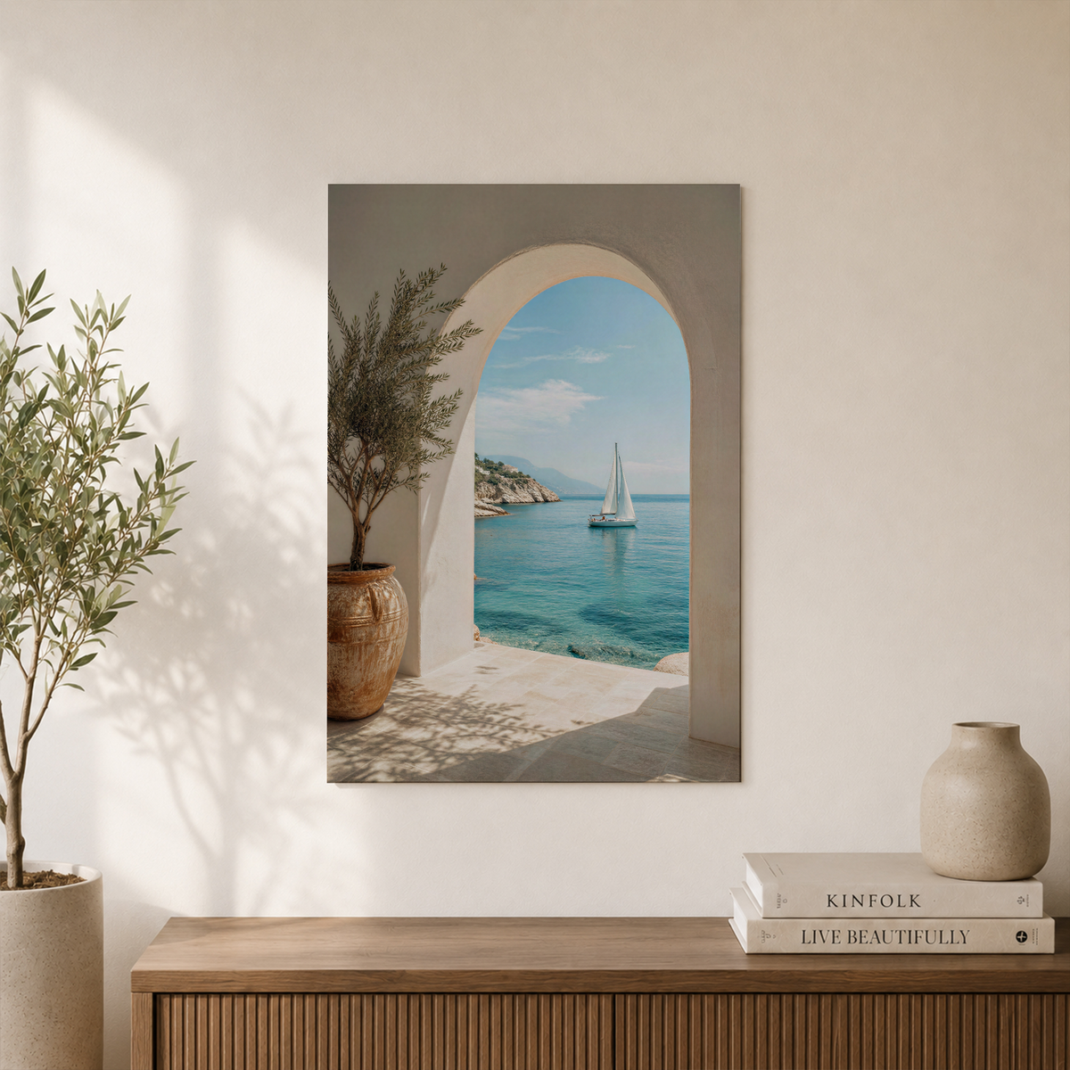 Greek Islands Sailboat Coastal Archway Wall Art Mediterranean Poster Seaside Travel Decor Unframed - Format: Unframed Paper Poster