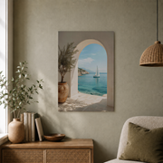 Greek Islands Sailboat Coastal Archway Wall Art Mediterranean Poster Seaside Travel Decor Unframed - Format: Unframed Paper Poster