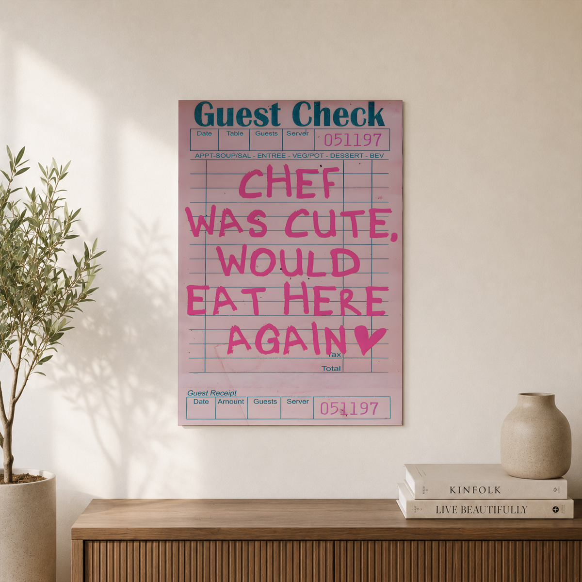Guest Check Wall Art Chef Was Cute Kitchen Poster Pink Bar Cart Aesthetic Trendy Kitchen Decor - Format: Unframed Paper Poster