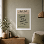 Guest Check Wall Art Chef Was Cute Retro Kitchen Poster Green Dining Room Decor Would Eat Here Again Unframed - Format: Unframed Paper Poster