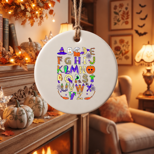 Halloween ABC Teacher Ornament with Classroom Design Glass Ornament - Material: Circle Ceramic Ornament