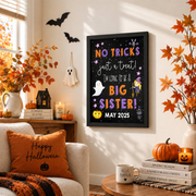Halloween Big Sister Pregnancy Announcement Poster October Baby Reveal Chalkboard Sign - Format: Black Framed Poster