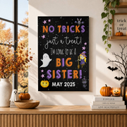 Halloween Big Sister Pregnancy Announcement Poster October Baby Reveal Chalkboard Sign - Format: Stretched Canvas