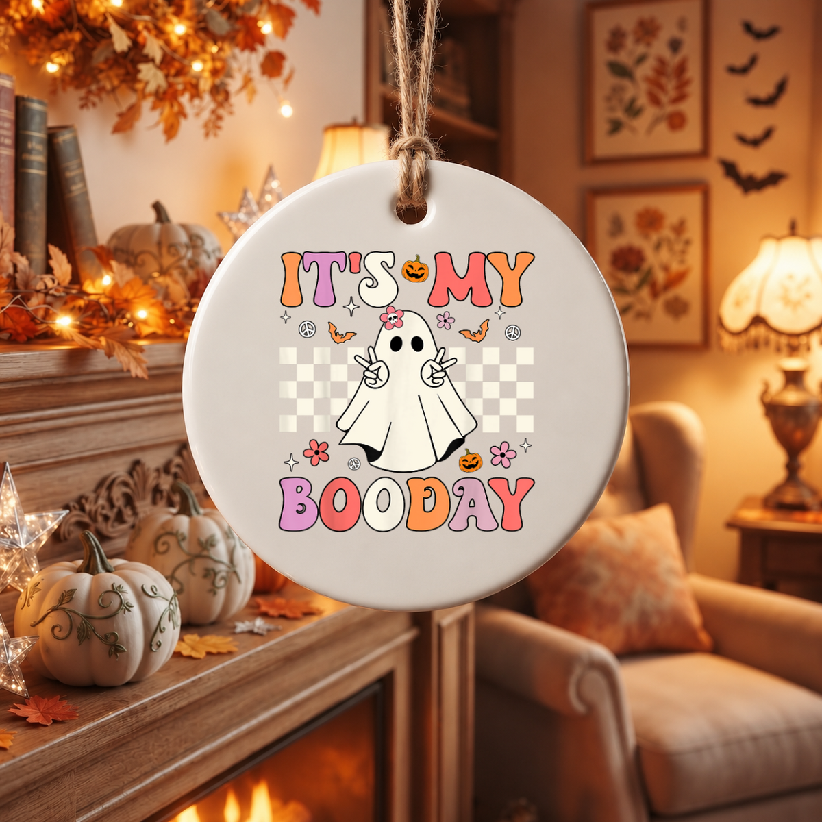 Halloween Birthday Ghost Ornament for Celebration Glass Ornament - Material: Circle Ceramic Ornament