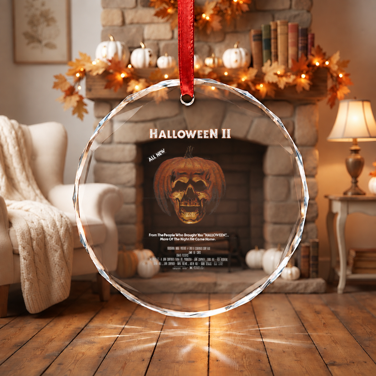Halloween Carved Pumpkin Ornament with Spooky Seasonal Design Glass Ornament - Material: Circle Glass Ornament