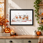 Halloween Ghost Dogs Wall Art Cute Costume Fall Howloween Seasonal Decor Print - Format: Black Framed Poster