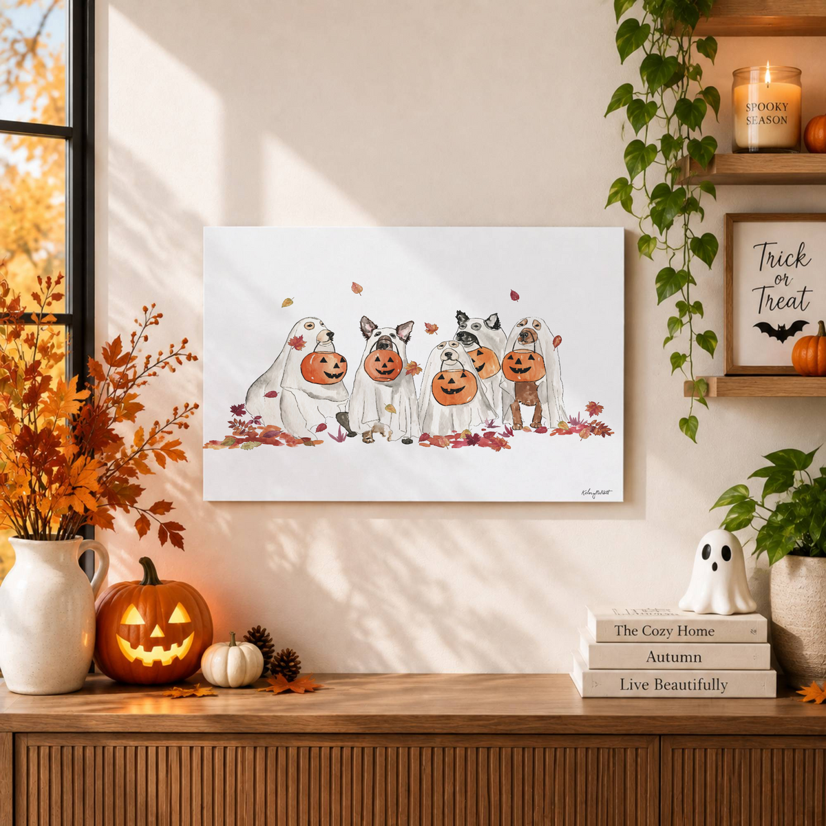 Halloween Ghost Dogs Wall Art Cute Costume Fall Howloween Seasonal Decor Print - Format: Unframed Paper Poster