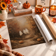 Halloween Ghosts Wall Art Cute Ghost Fall Landscape Rustic Farmhouse Decor Print - Format: Rolled Canvas