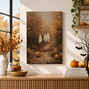 Halloween Ghosts Wall Art Cute Ghost Fall Landscape Rustic Farmhouse Decor Print - Format: Stretched Canvas