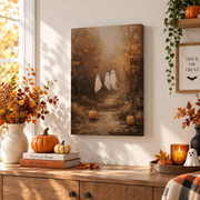 Halloween Ghosts Wall Art Cute Ghost Fall Landscape Rustic Farmhouse Decor Print - Format: Stretched Canvas