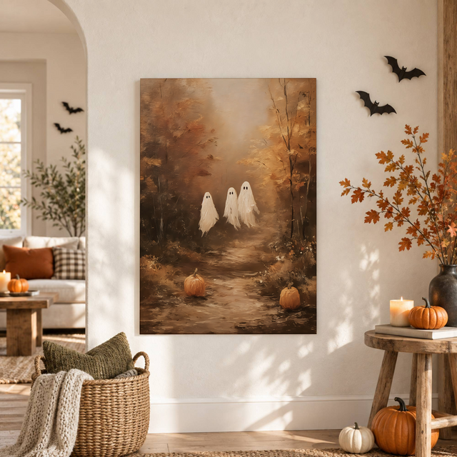 Halloween Ghosts Wall Art Cute Ghost Fall Landscape Rustic Farmhouse Decor Print - Format: Unframed Paper Poster