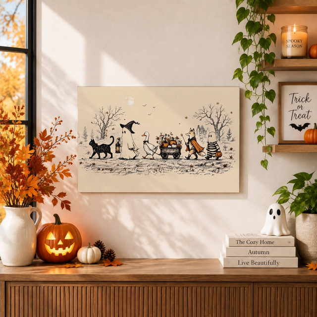 Halloween Parade Wall Art Print Vintage Storybook Autumn Seasonal Decor Poster - Format: Unframed Paper Poster