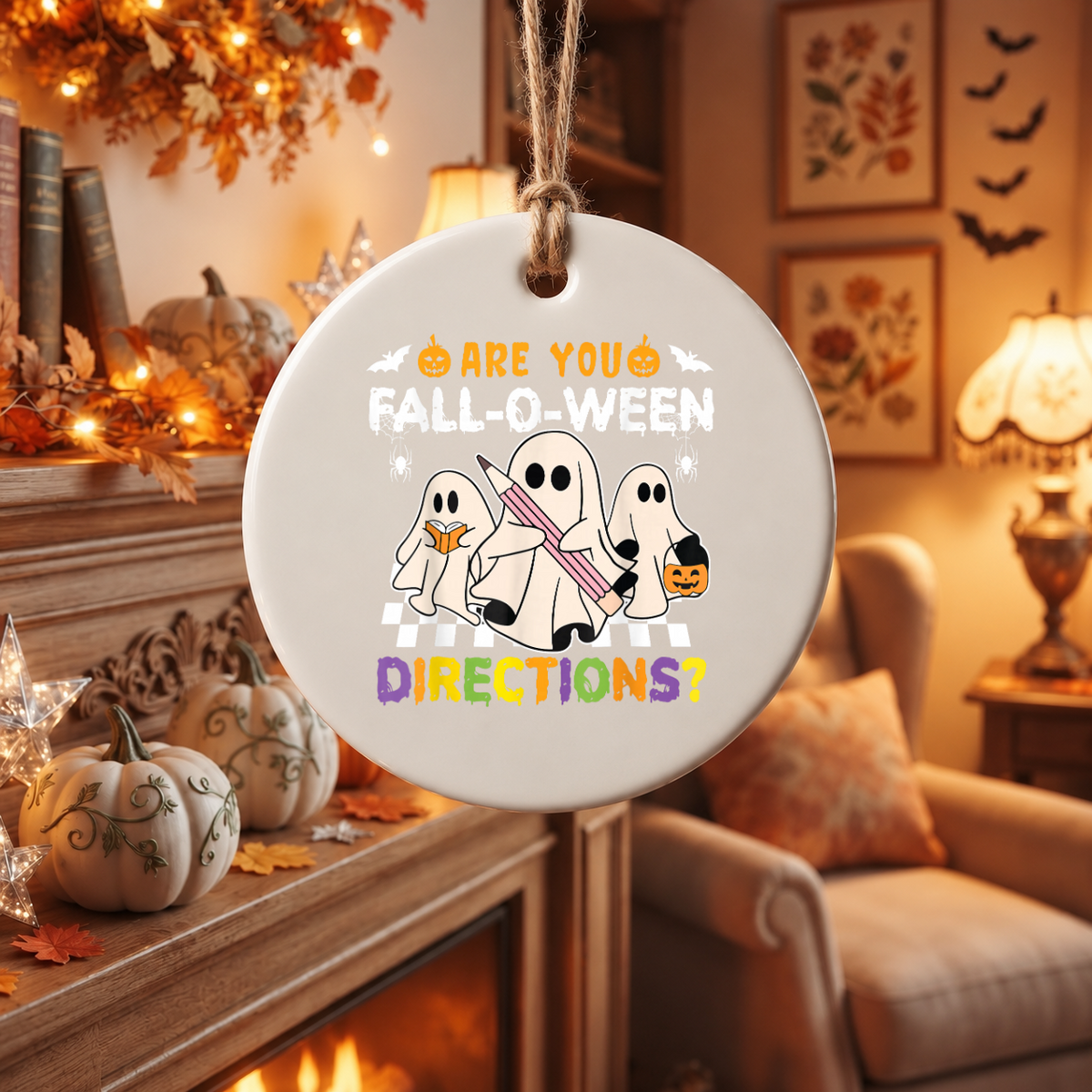 Halloween Teacher Ghost Ornament with Funny Seasonal Design Glass Ornament - Material: Circle Ceramic Ornament