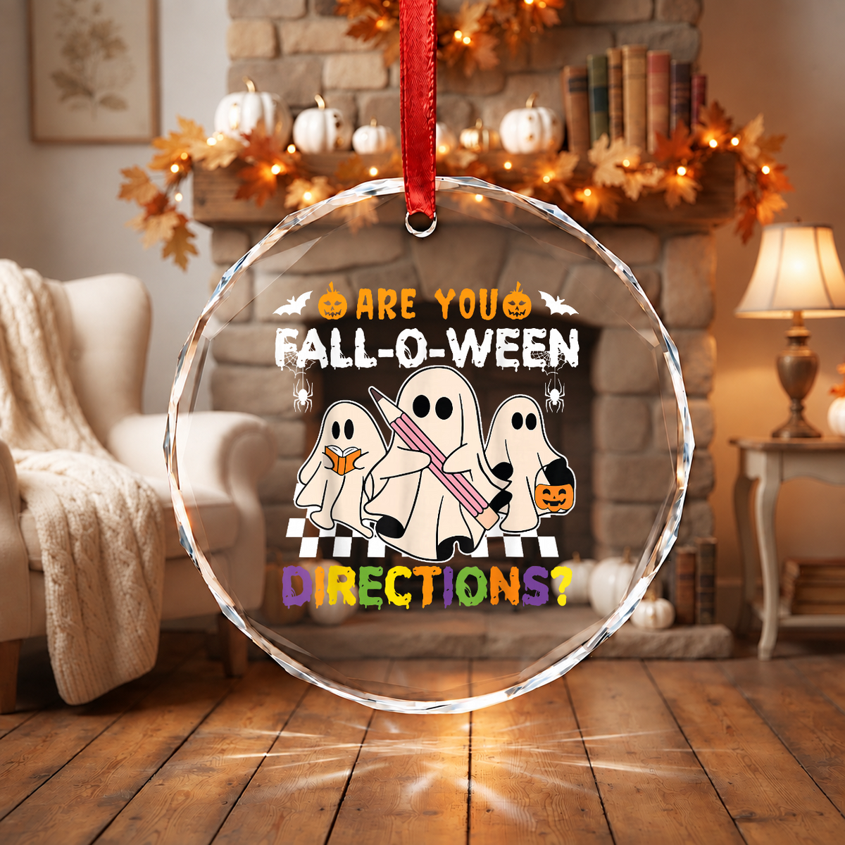 Halloween Teacher Ghost Ornament with Funny Seasonal Design Glass Ornament - Material: Circle Glass Ornament