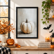 Halloween White Pumpkin Print Rustic Fall Wall Art Moody Autumn Farmhouse Decor - Format: Black Framed Poster