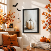 Halloween White Pumpkin Print Rustic Fall Wall Art Moody Autumn Farmhouse Decor - Format: Black Framed Poster