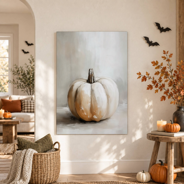 Halloween White Pumpkin Print Rustic Fall Wall Art Moody Autumn Farmhouse Decor - Format: Unframed Paper Poster