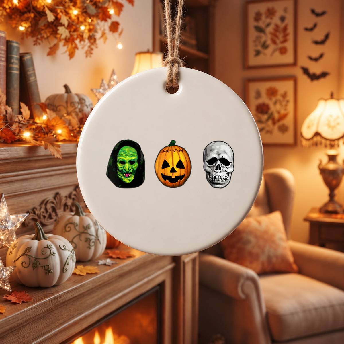 Halloween Witch Pumpkin Skull Ornament with Spooky Mask Design Glass Ornament - Material: Circle Ceramic Ornament