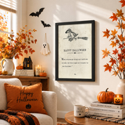 Happy Halloween Book Page Print Antique Style Witch Black Cat Seasonal Wall Art - Format: Black Framed Poster