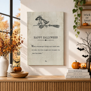 Happy Halloween Book Page Print Antique Style Witch Black Cat Seasonal Wall Art - Format: Stretched Canvas