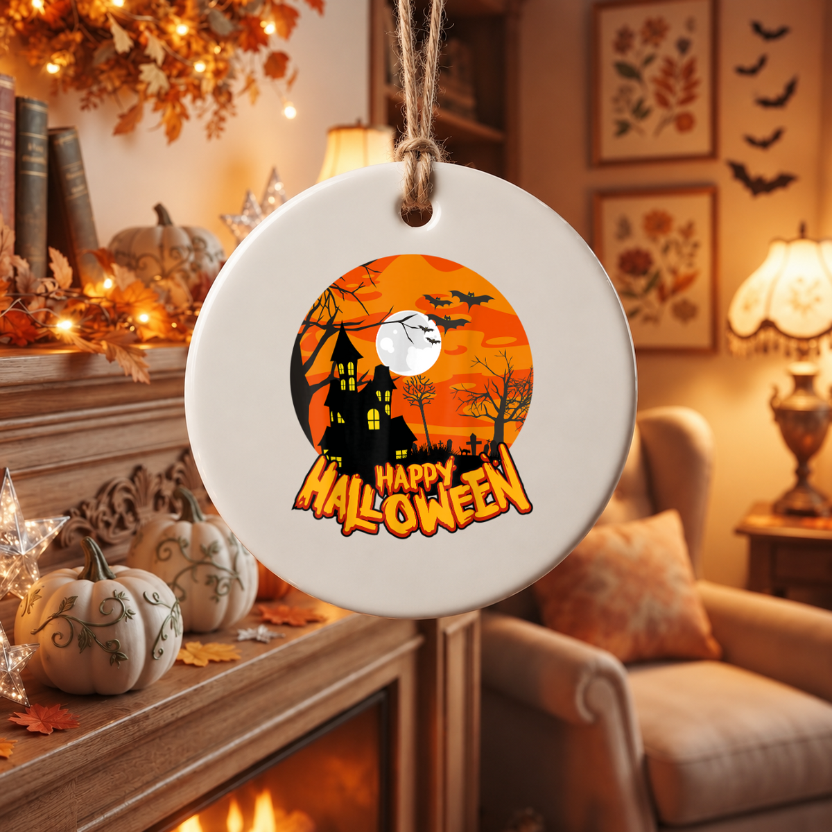 Happy Halloween Ghost Ornament with Seasonal Decoration Glass Ornament - Material: Circle Ceramic Ornament