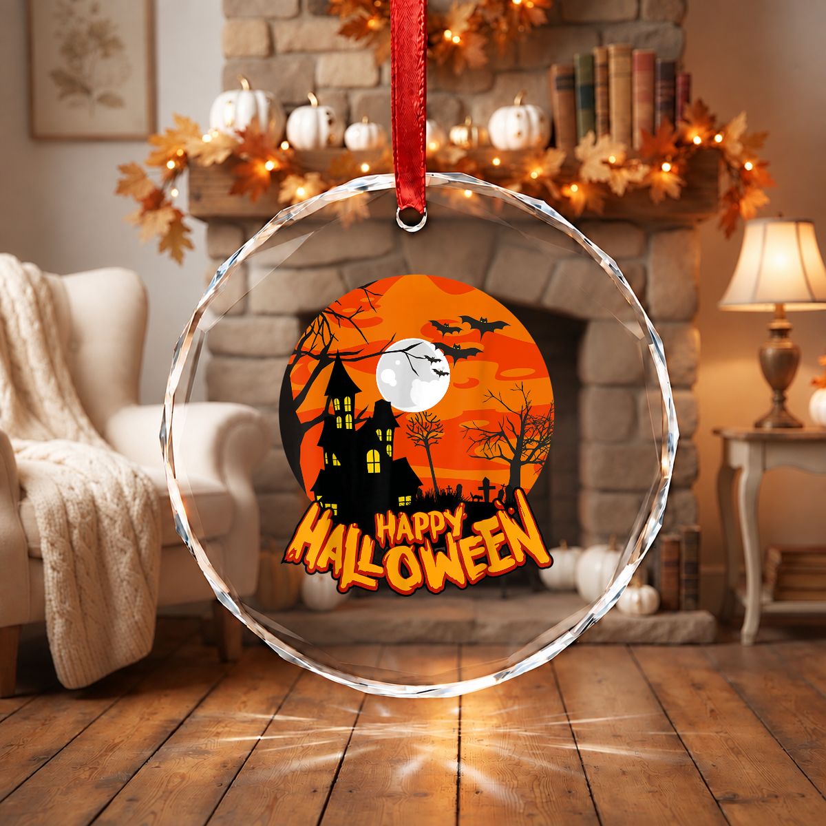 Happy Halloween Ghost Ornament with Seasonal Decoration Glass Ornament - Material: Circle Glass Ornament
