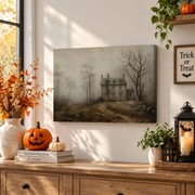 Haunted Chateau Wall Art Print Rustic Neutral Halloween Home Decor Artwork - Format: Stretched Canvas