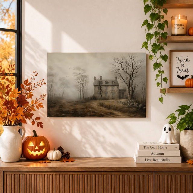 Haunted Chateau Wall Art Print Rustic Neutral Halloween Home Decor Artwork - Format: Unframed Paper Poster