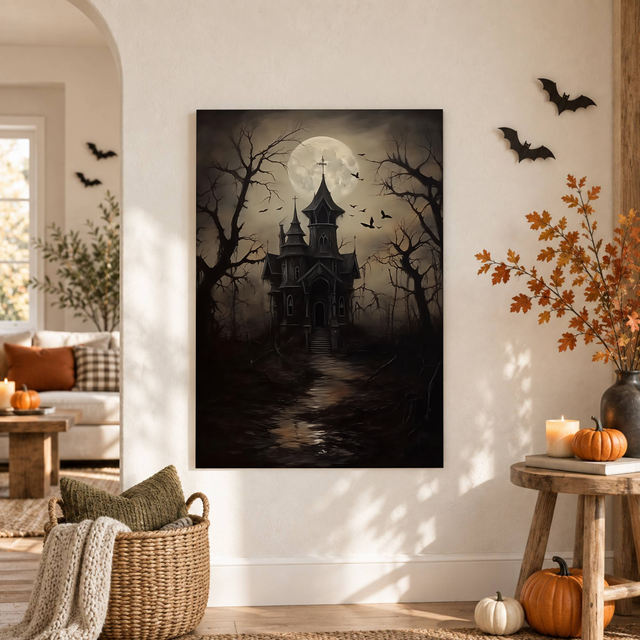 Haunted House Halloween Print Dark Academia Spooky Vintage Wall Art Poster Decor - Format: Unframed Paper Poster